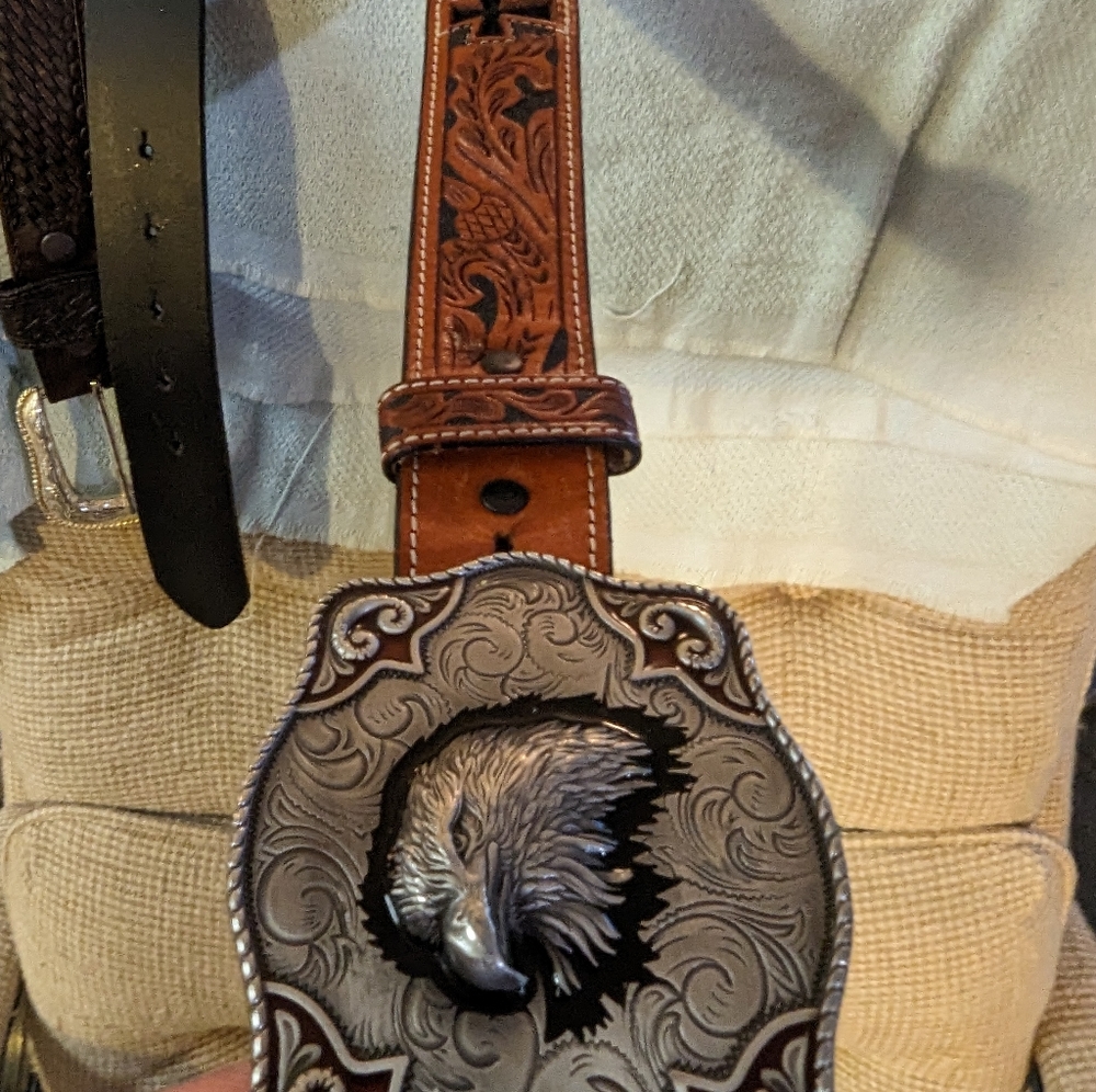 MENS HAND MADE LEATHER BELT WITH EAGLE BELT BUCKLE